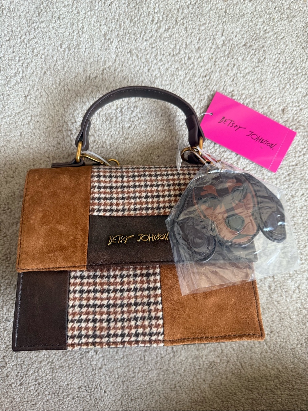 Betsey Johnson Brown Patchwork Top-Handle Bag with dachshund charm